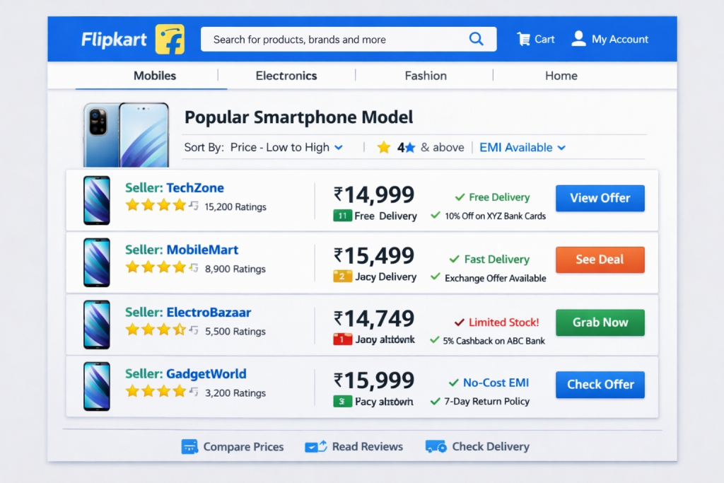 Flipkart ecommerce marketplace showing multiple sellers and product listings