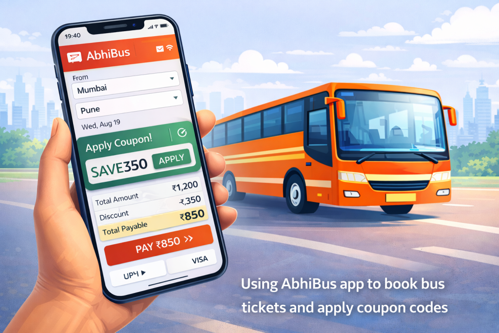 Using AbhiBus app to book bus tickets and apply coupon codes