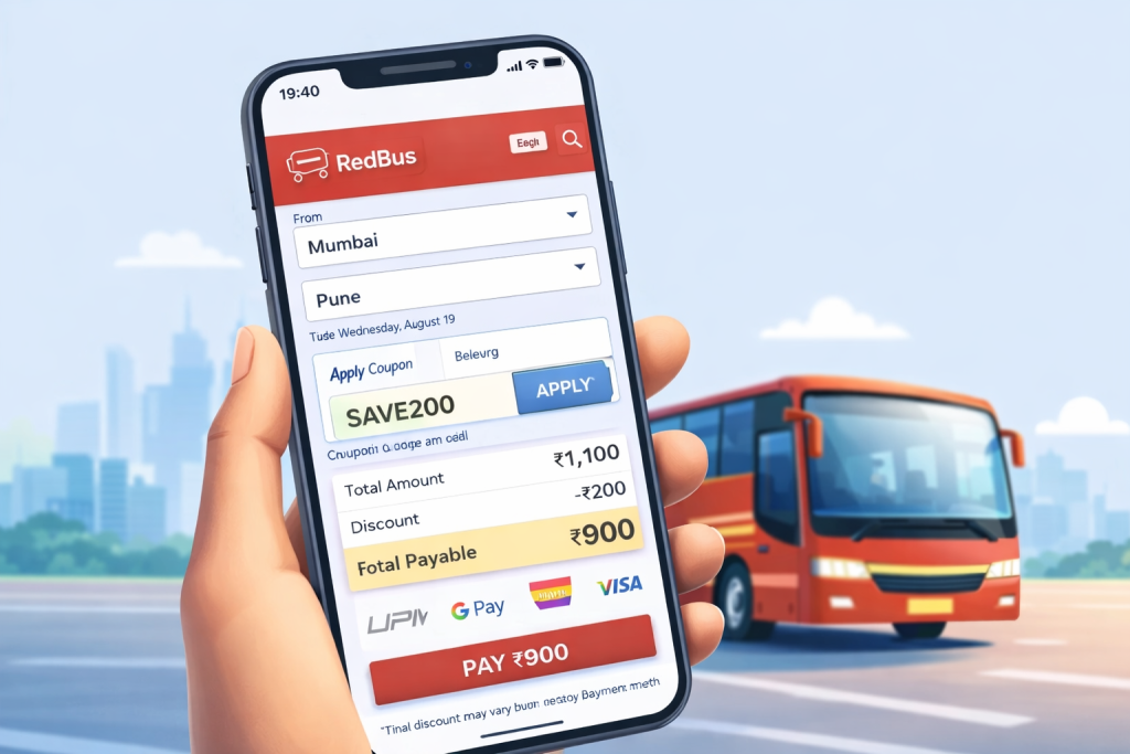 Using RedBus app to book bus tickets and apply coupon codes