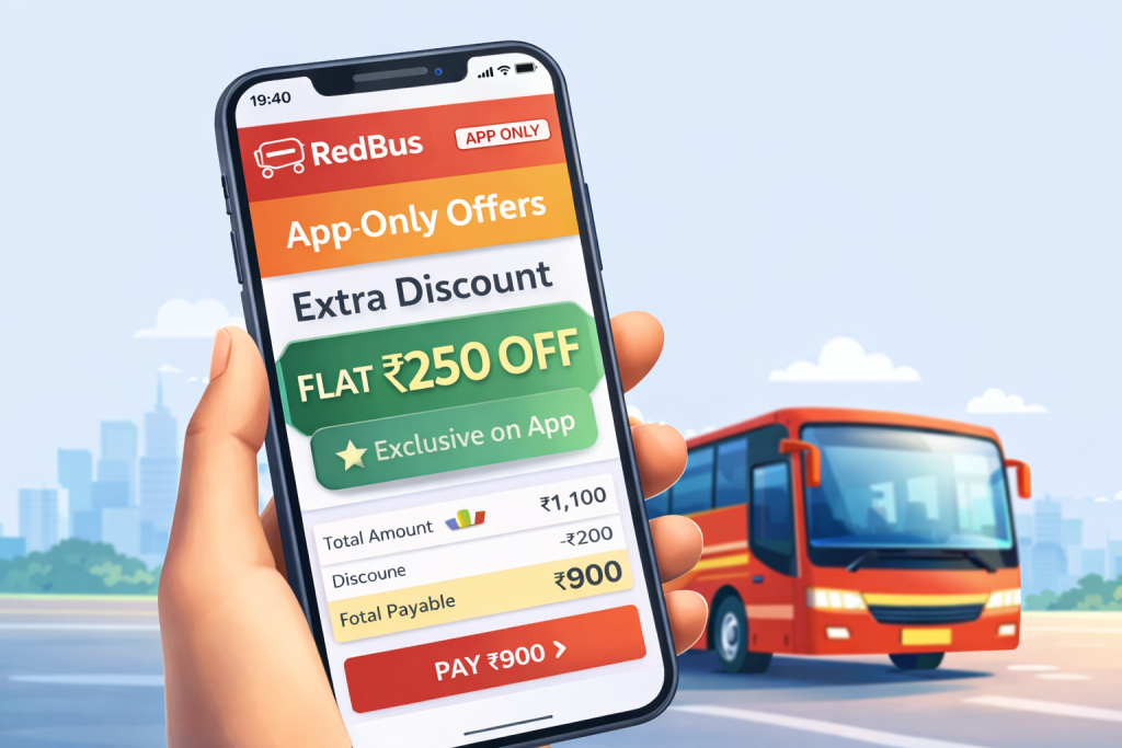 Using RedBus app to book bus tickets and apply coupon codes