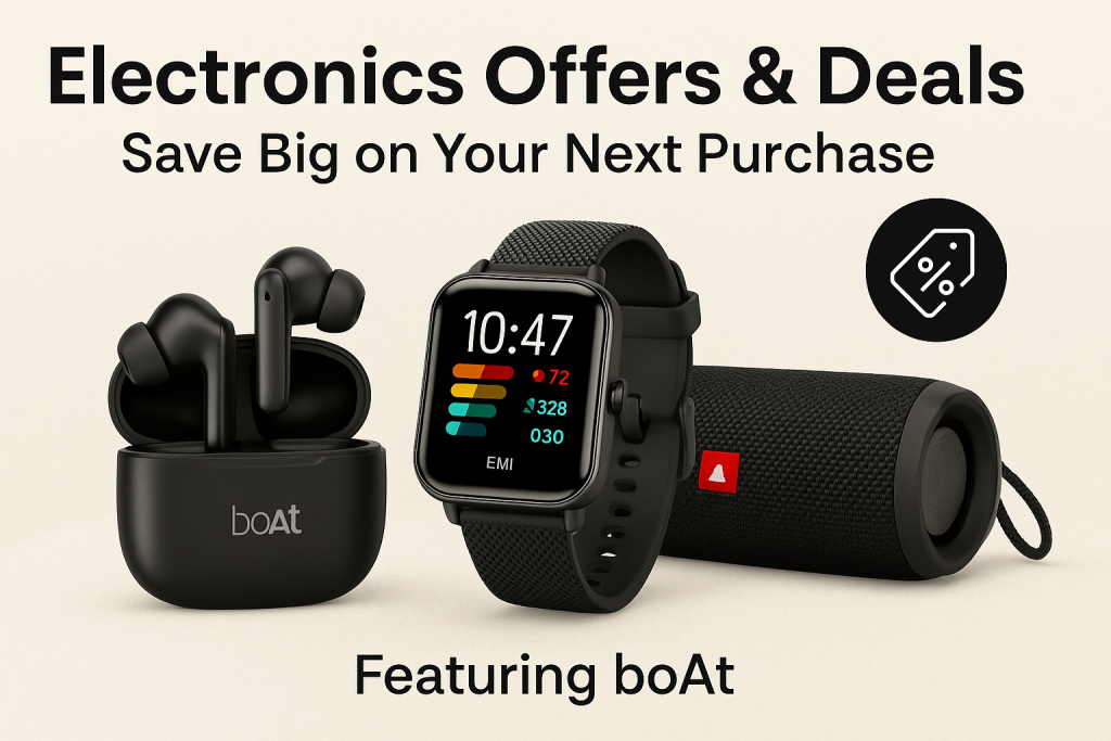 “boAt headphones, Airdopes earbuds, and wireless neckband arranged on light grey background for electronics offer showcase.”