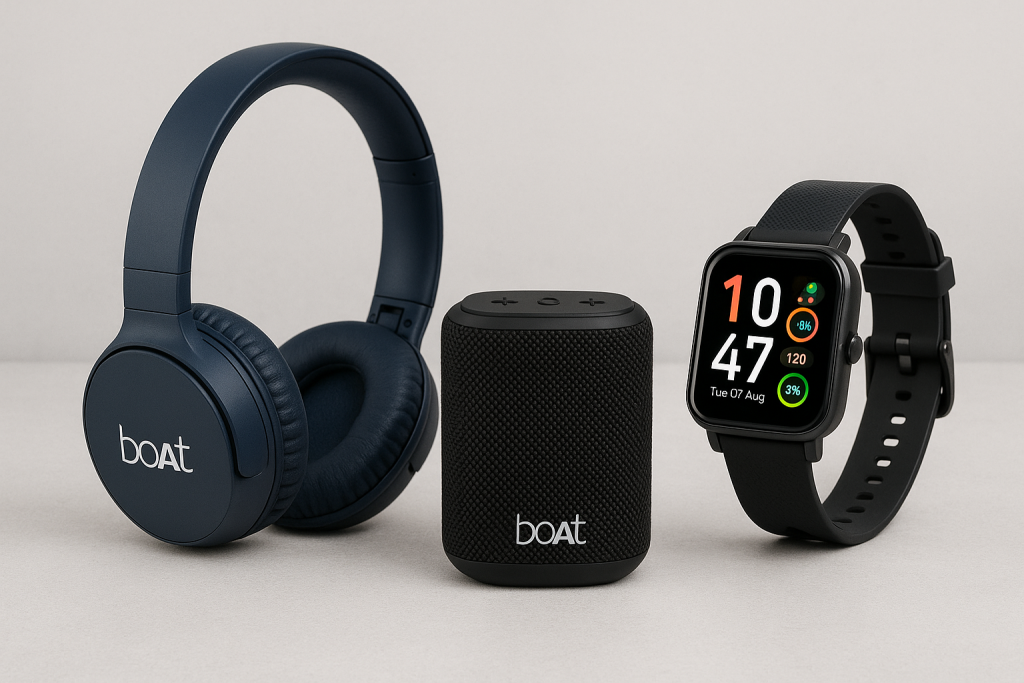 “boAt wireless headphones, portable Bluetooth speaker, and smartwatch displayed on neutral background for electronics discount blog.”