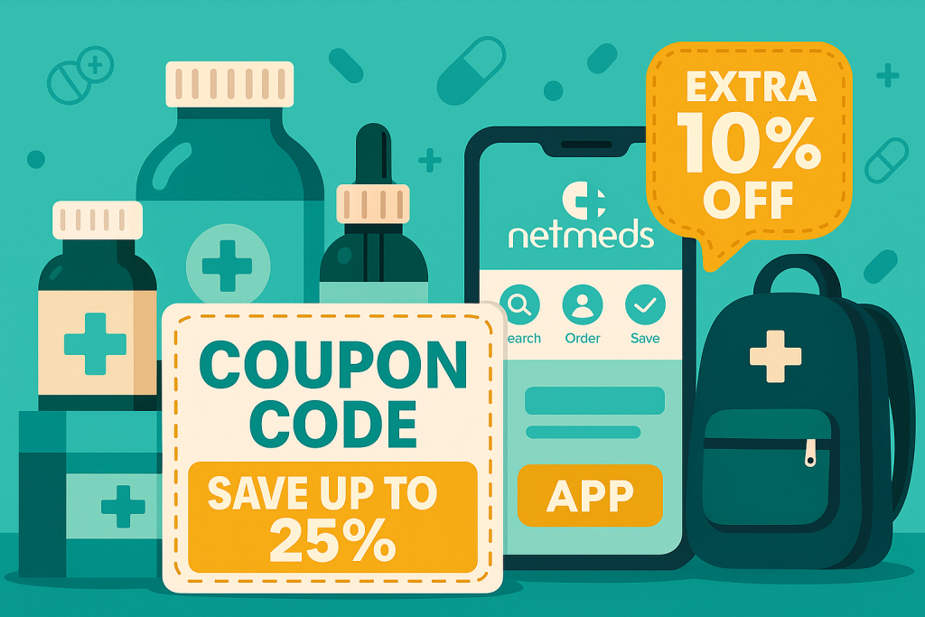 “Netmeds cashback and wallet offer graphic showing SuperCash rewards and digital savings”