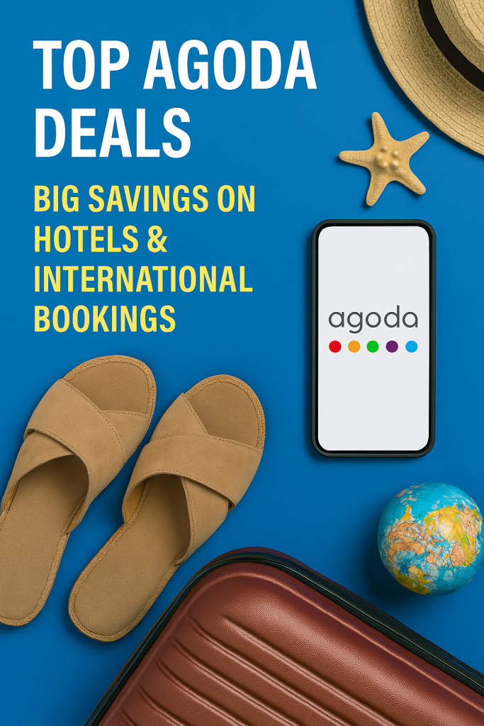 “Flatlay of travel items including camera, passport, map, sunglasses and vacation essentials for Agoda hotel booking blog.”