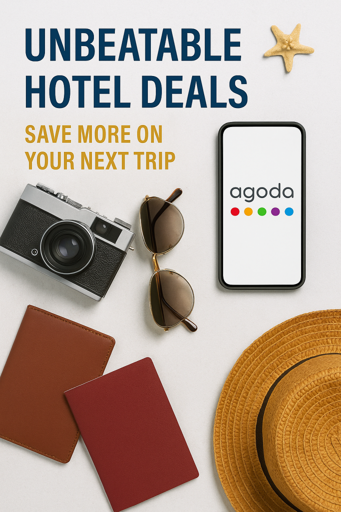 “Travel essentials including hat, sunglasses, vintage camera, passports and smartphone showing Agoda logo arranged for travel savings blog.”