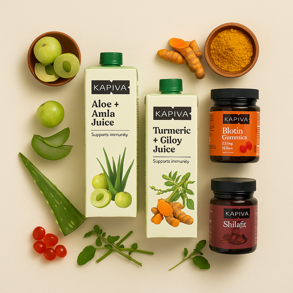 “Kapiva ayurvedic juices, Biotin gummies, Shilajit and natural ingredients like turmeric, aloe vera and herbs displayed on a clean wellness background.”