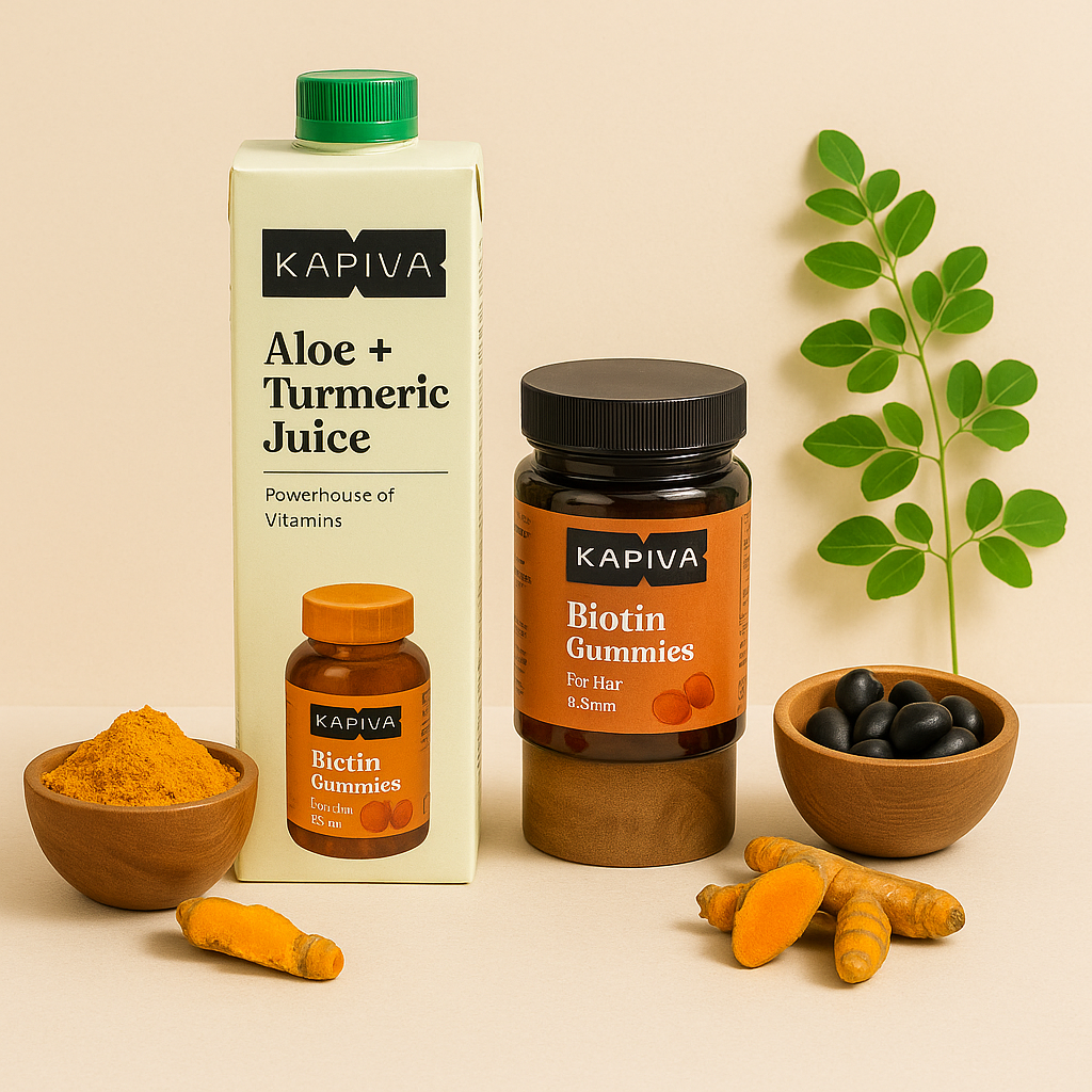 “Kapiva Aloe Turmeric juice and Biotin gummies displayed with turmeric powder and ayurvedic roots on a minimal beige background.”