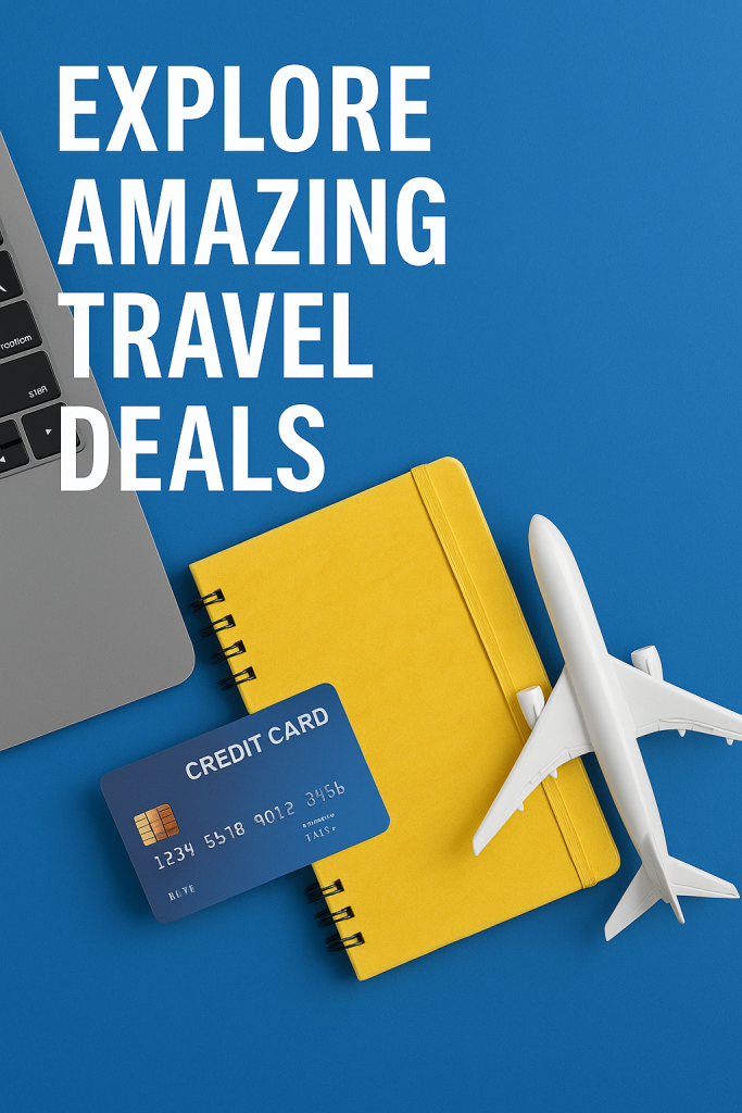 “Travel essentials including yellow notebook, airplane model, credit card and laptop placed neatly on a blue background for Cleartrip discount blog.”