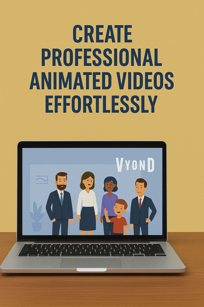 “Laptop showing Vyond animation workspace with animated business characters, captioned ‘Create professional animated videos effortlessly’.”
