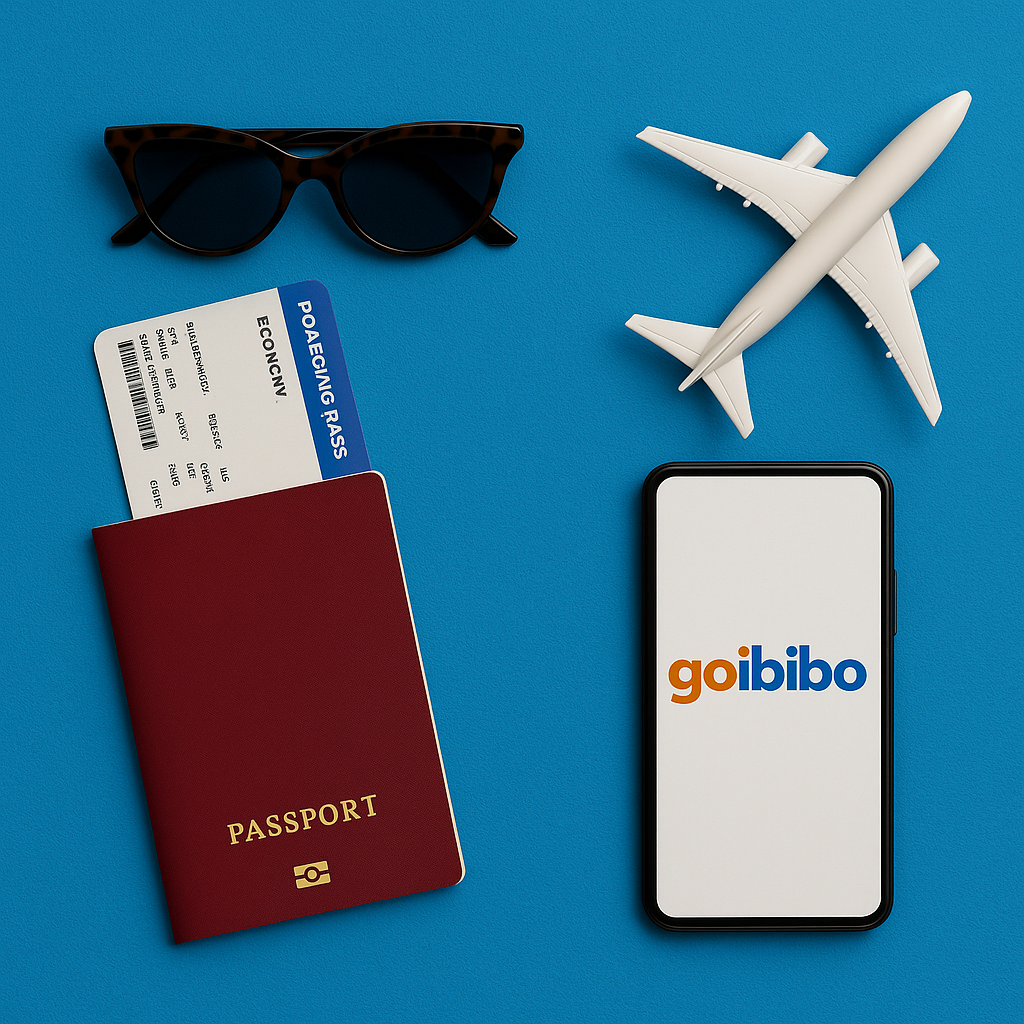 “Flat lay arrangement of passport, boarding pass, sunglasses, camera and airplane model used for Goibibo travel planning.”