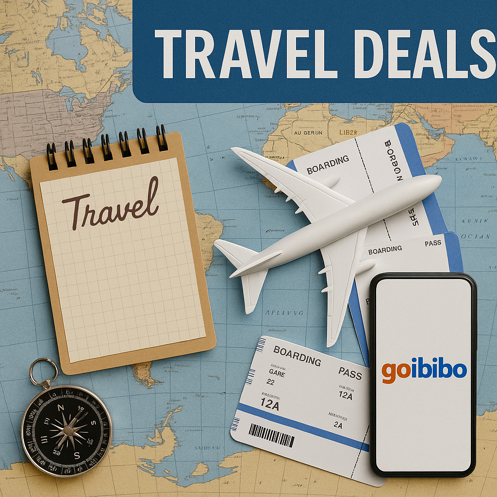 “Travel planning items including notebook, compass, airplane model, boarding passes and smartphone with Goibibo logo on world map background.”