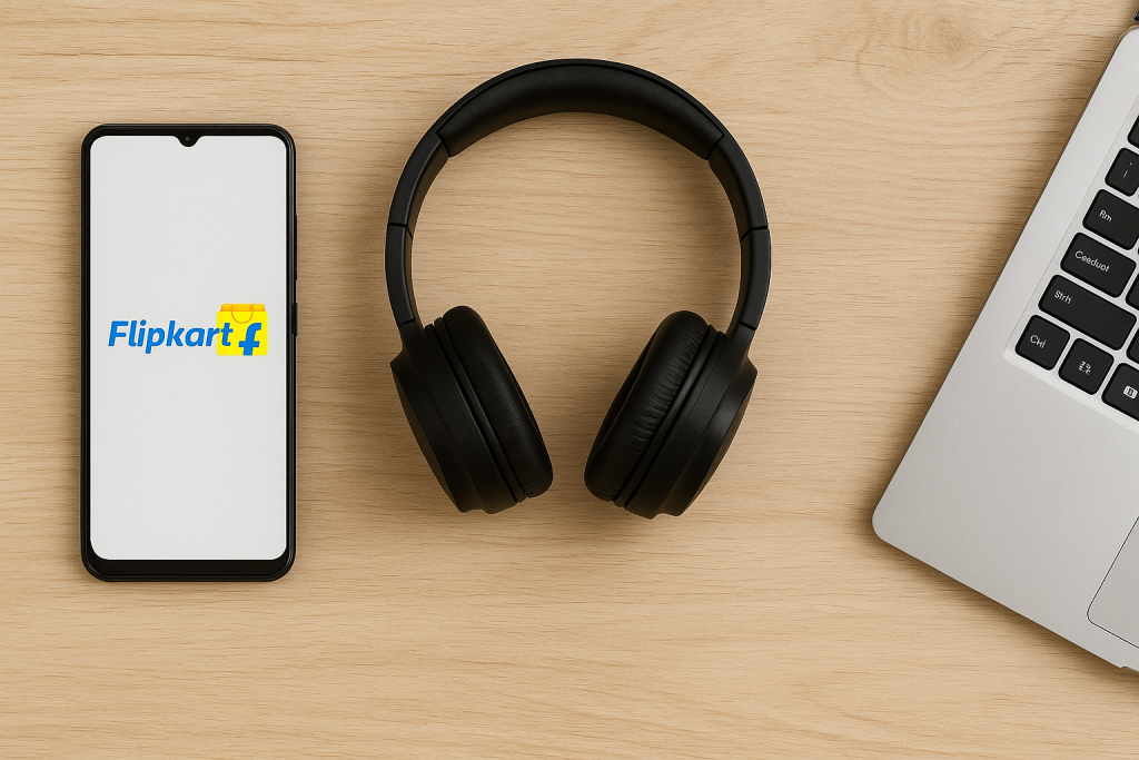 “Flat lay display of smartphone, smart band, Bluetooth earphones, portable speaker and tech accessories on a yellow background for Flipkart electronics deals.”