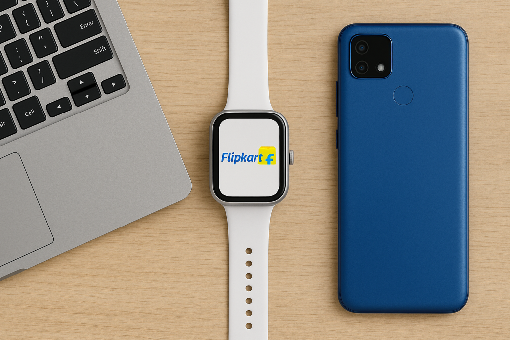 “Shopping-themed flat lay with smartphone, Flipkart logo, sale tags, credit card, gift boxes and colorful shopping icons arranged creatively.”