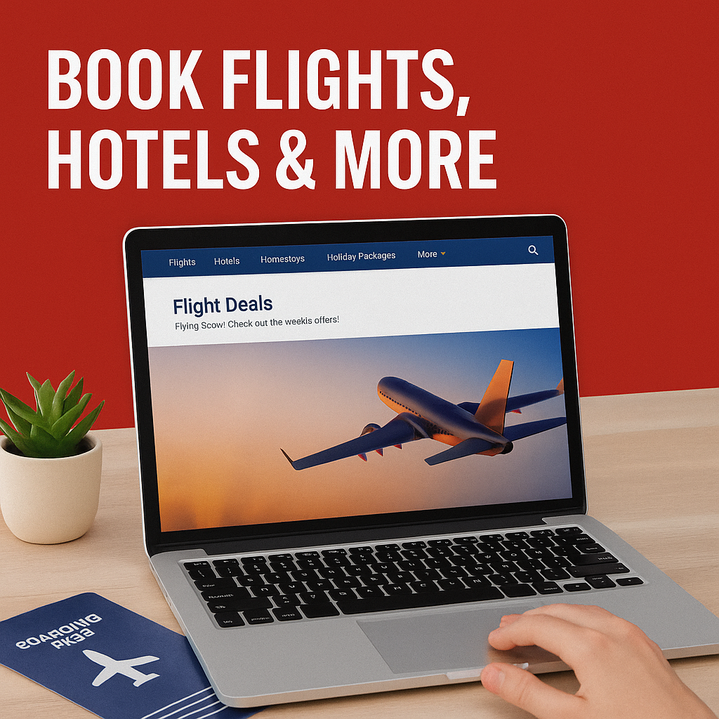 “Laptop showing MakeMyTrip flight deals page with boarding pass and travel essentials in blue-red theme.”