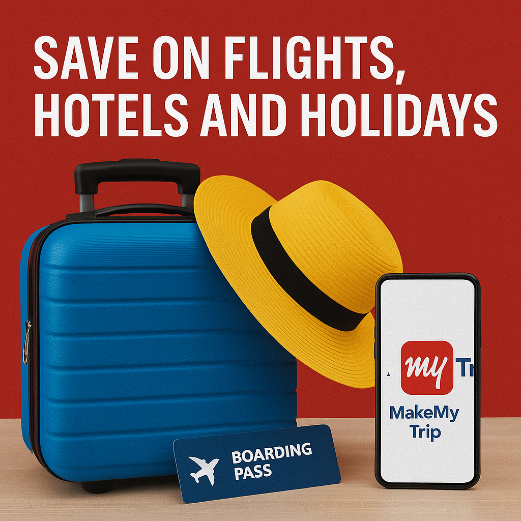“Blue suitcase, yellow travel hat, boarding pass and smartphone displaying MakeMyTrip app with Save on Flights, Hotels and Holidays text.”