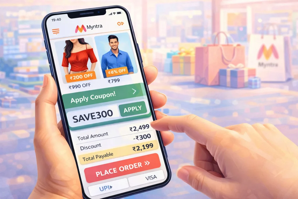 Using Myntra app to shop fashion items and apply coupon codes
