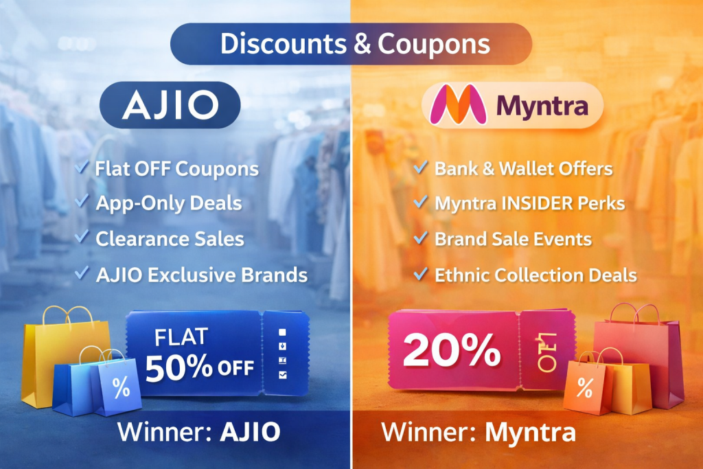 AJIO vs Myntra discounts and coupon offers comparison