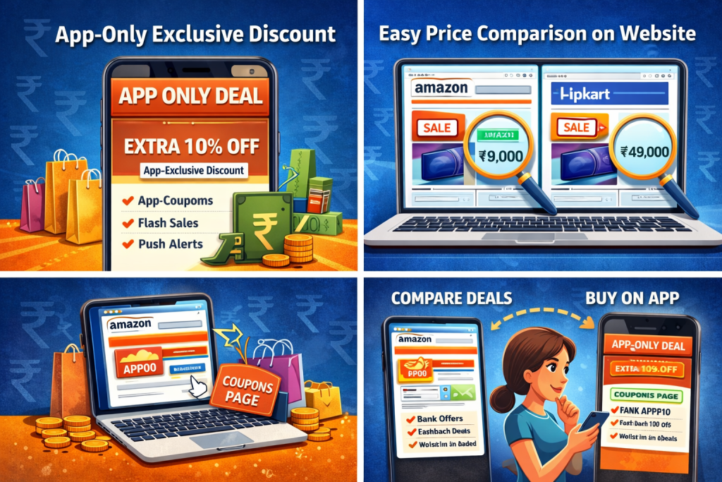 Visual comparison showing app-only exclusive discounts versus website coupon offers
