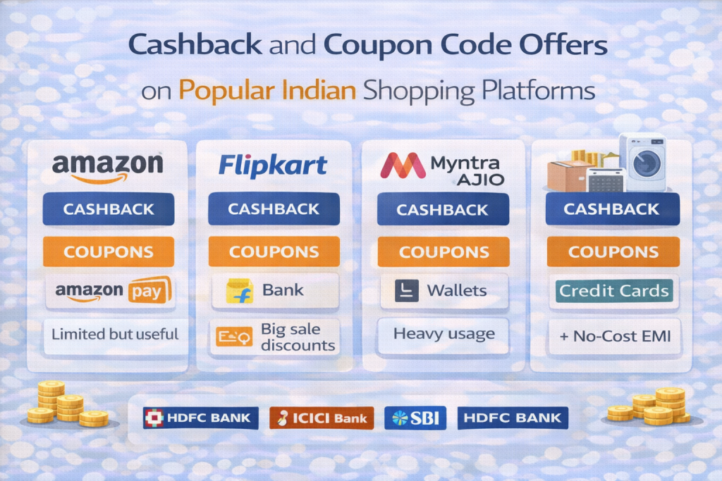Cashback and coupon code offers on popular Indian shopping platforms