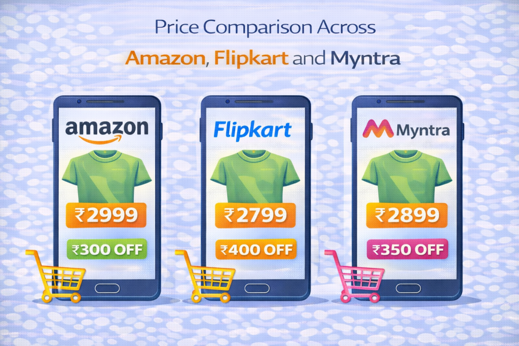 Price comparison across Amazon Flipkart and Myntra