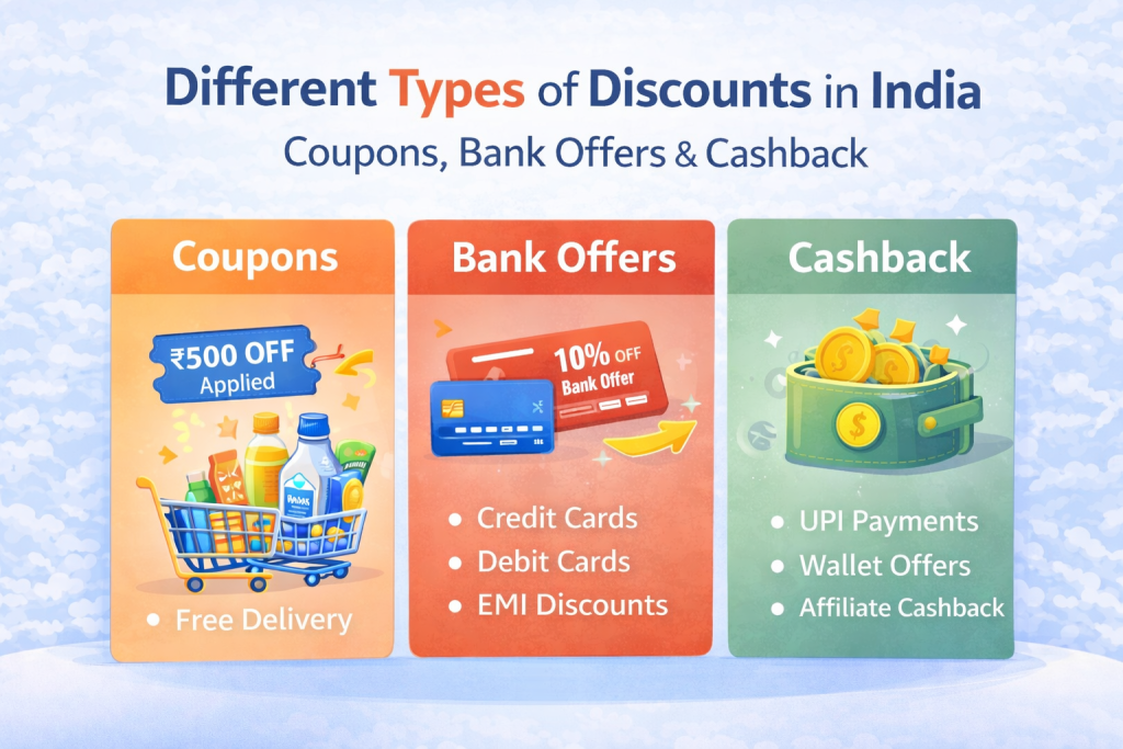 Different types of discounts coupons bank offers and cashback in India