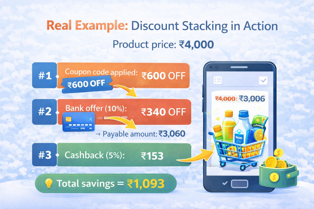 Example of stacking coupon bank offer and cashback on online shopping in India