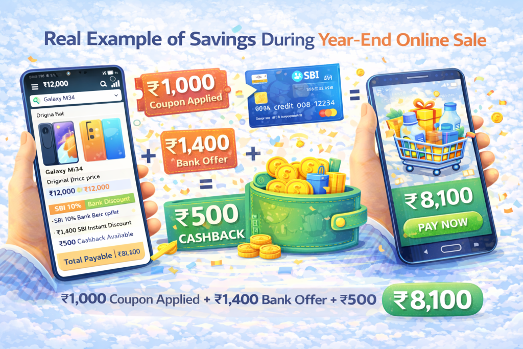 Real example showing coupon bank offer and cashback savings during year end online sale