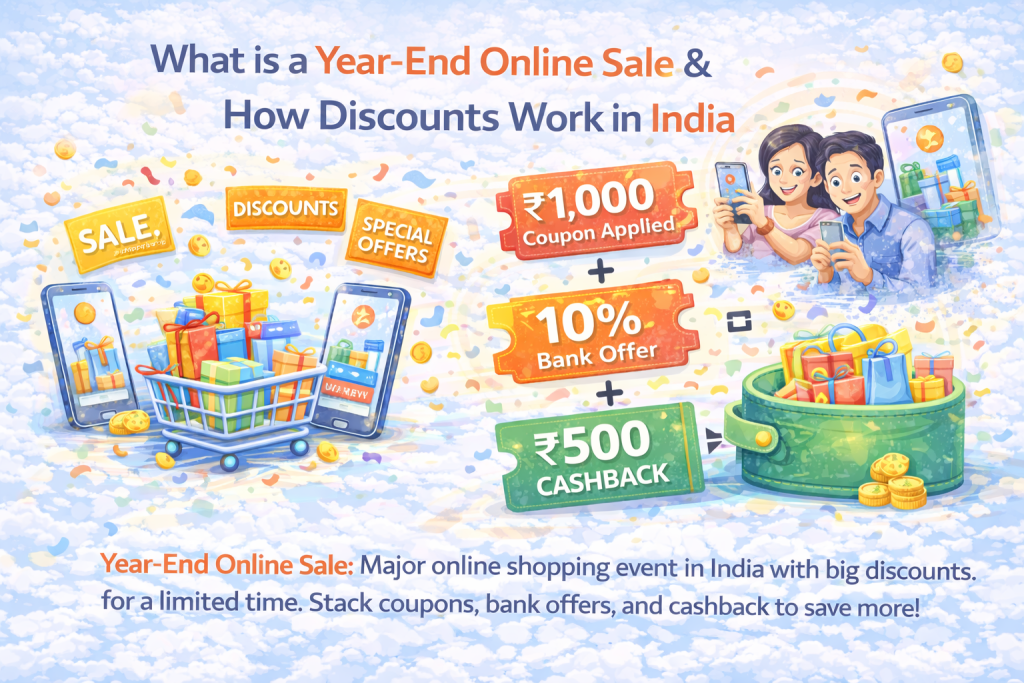 Illustration explaining what a year end online sale is and how discounts work in India