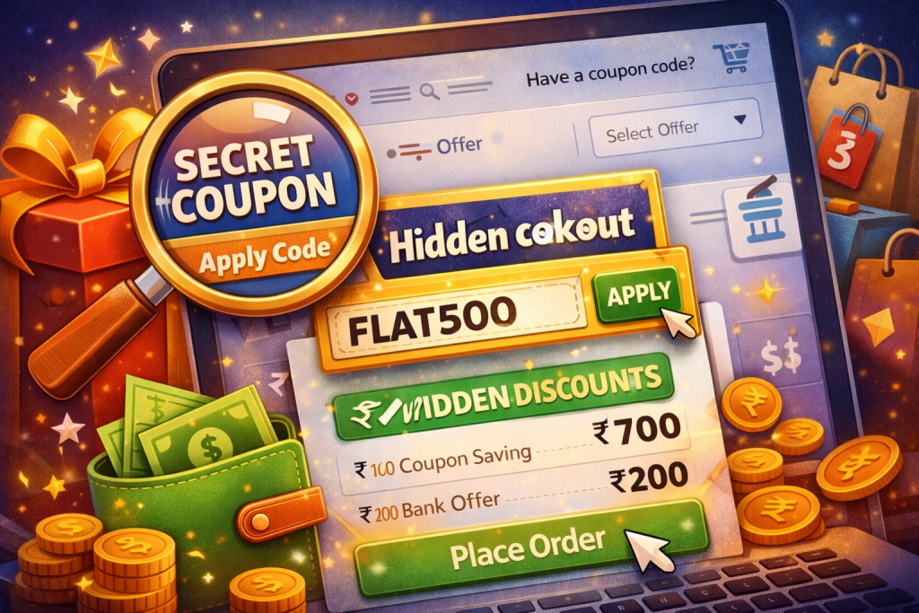 Illustration showing hidden coupon box and discounts at checkout on shopping websites
