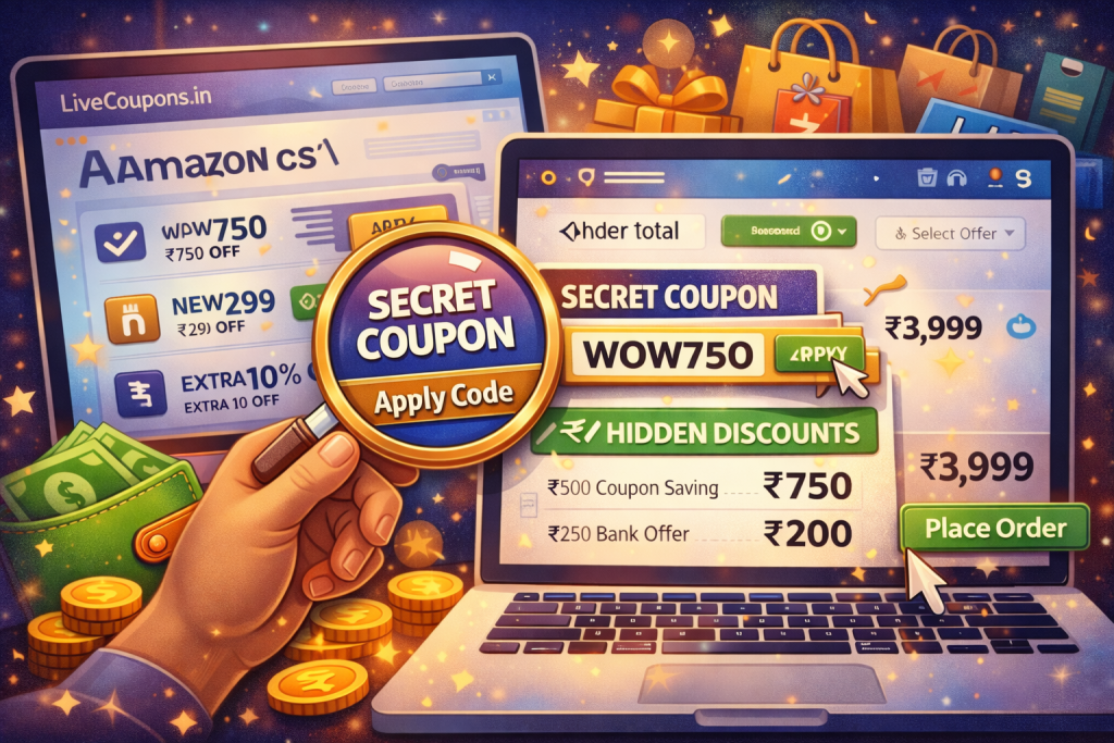 Using coupon websites to apply hidden coupon codes during online shopping checkout in India
