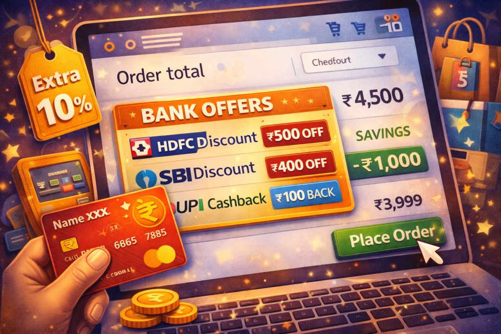 Bank offers and credit card discounts shown during checkout on Indian shopping websites