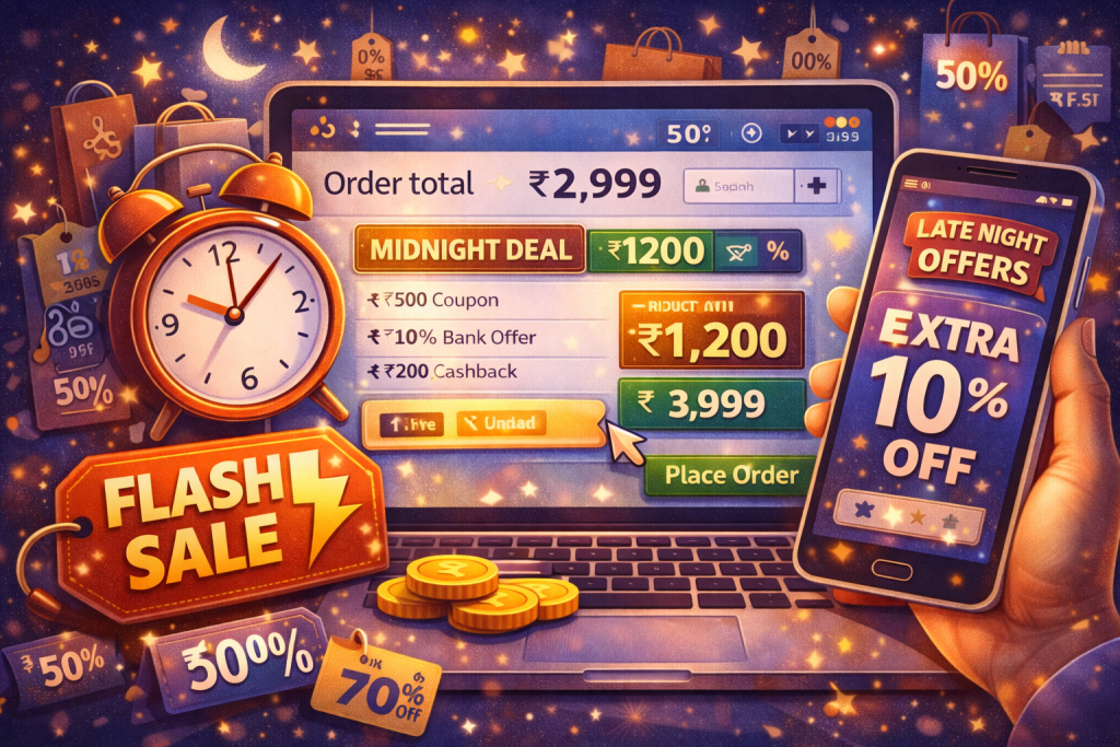 Flash sales and midnight online shopping deals offering hidden discounts in India
