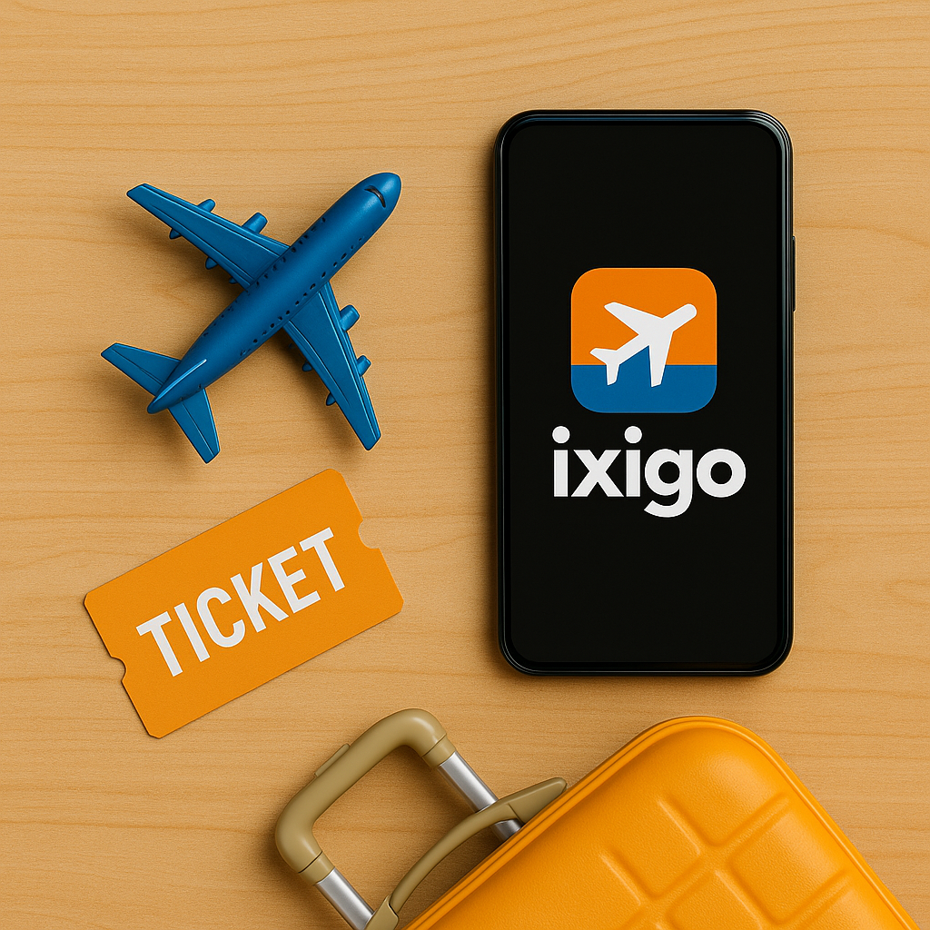 “Flat lay of smartphone with ixigo-inspired icon, blue airplane, orange ticket and suitcase for travel booking.”