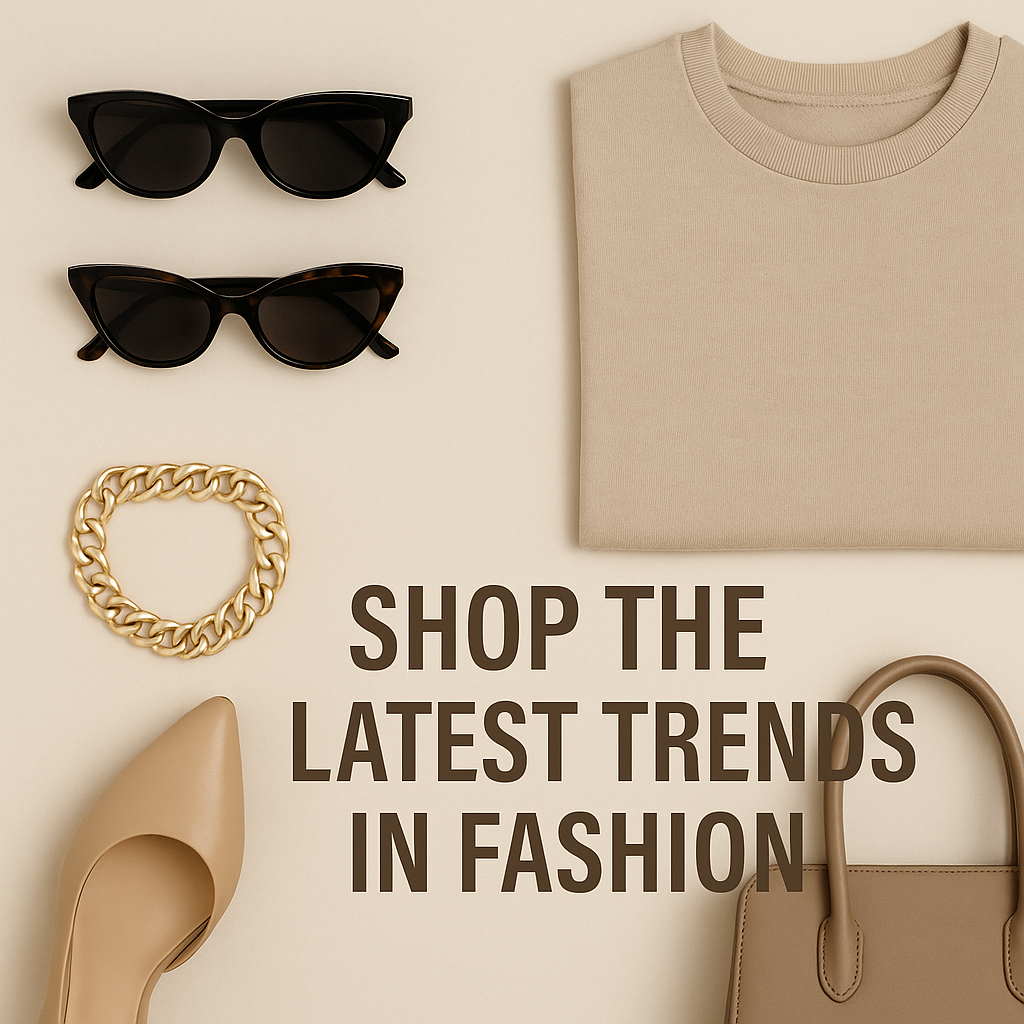 “Beige fashion flat lay with sunglasses, sweater, handbag, heels and text Shop the Latest Trends in Fashion.”