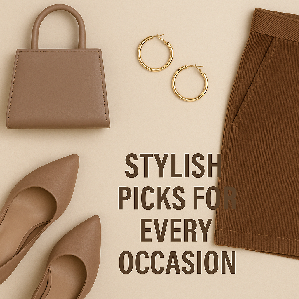 “Neutral beige flat lay with handbag, heels, gold hoop earrings and skirt with text Stylish Picks for Every Occasion.”