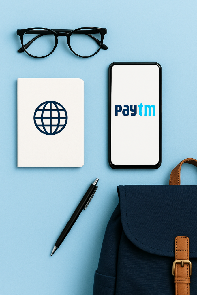“Travel flat lay on blue background with eyeglasses, smartphone showing Paytm Travel, notebook with globe icon and backpack.”