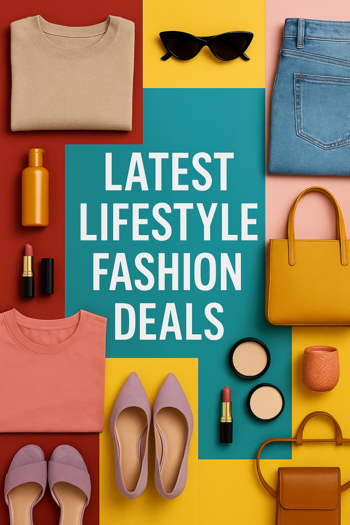 “Colorful flat lay with jeans, sweater, handbag, shoes, lipstick and the text Latest Lifestyle Fashion Deals.”
