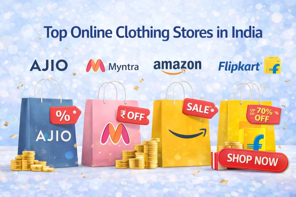 top clothing stores India AJIO Myntra Amazon Flipkart deals