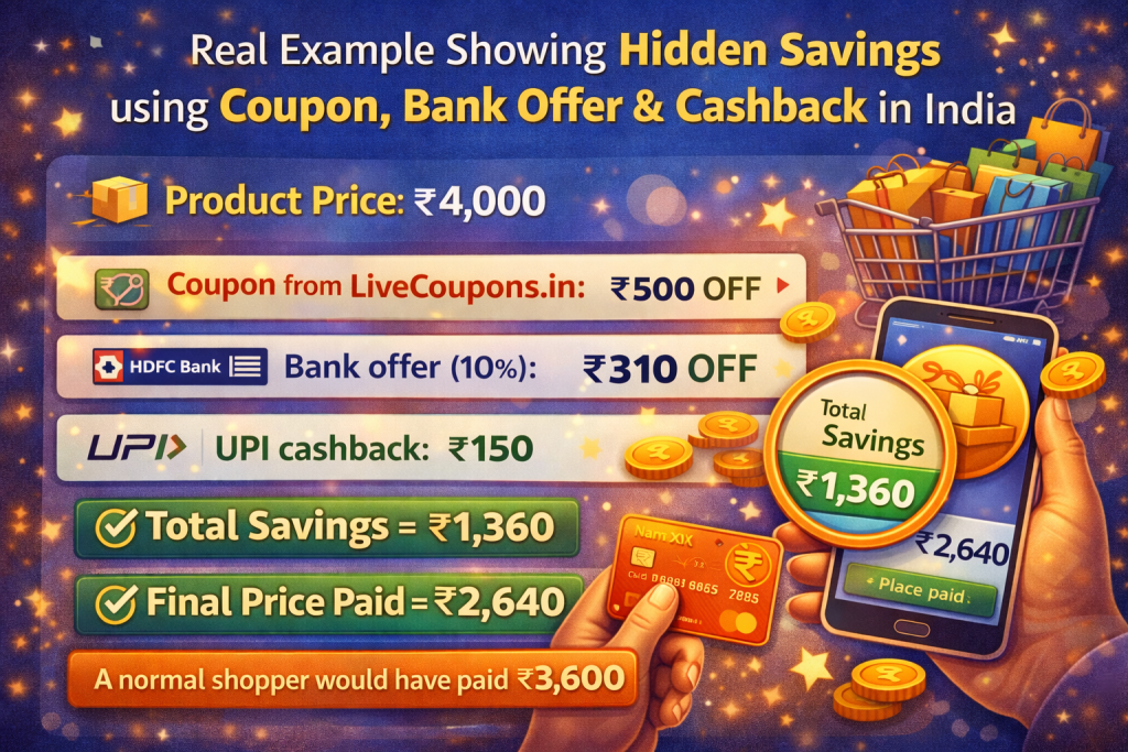 Real example showing hidden savings using coupon bank offer and cashback in India