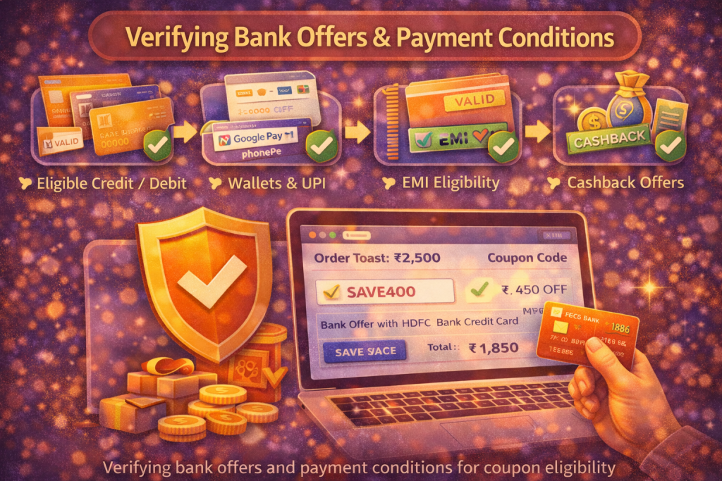 Verifying bank offers and payment conditions for coupon eligibility