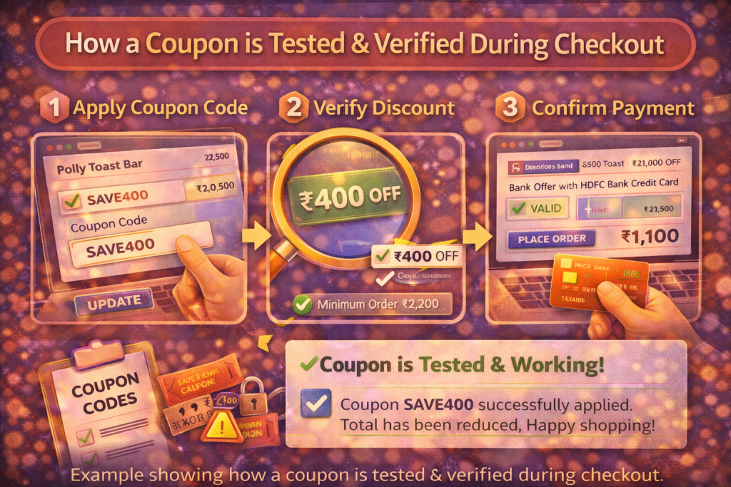 Example showing how a coupon is tested and verified during checkout