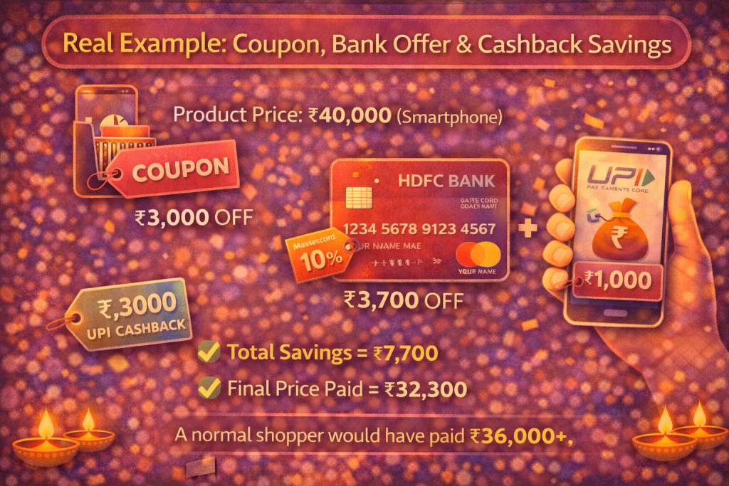 Real example showing coupon bank offer and cashback savings during festival sale in India