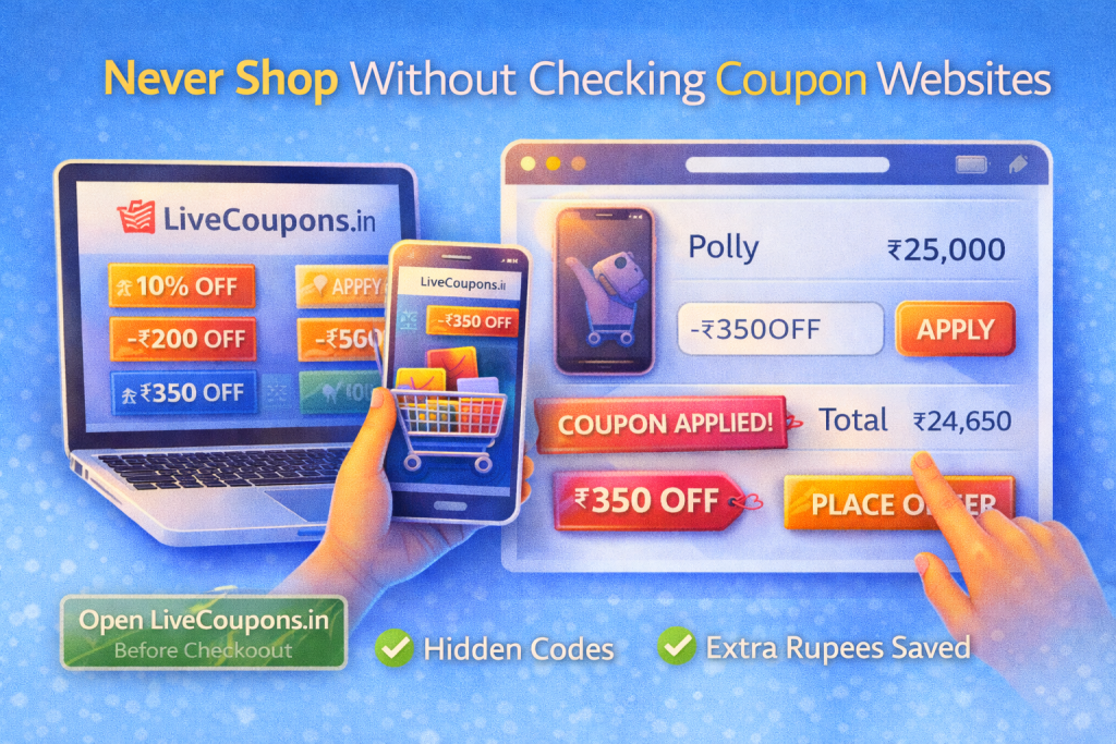 Using coupon websites to apply hidden coupon codes during online shopping checkout in India