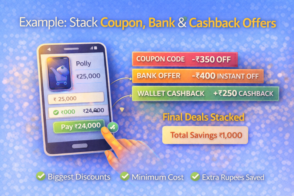 Example showing stacking coupon codes, bank offers, and cashback to maximize savings