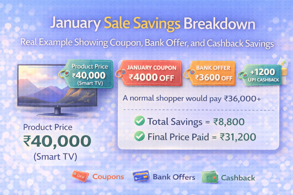 Real example showing coupon, bank offer, and cashback savings during January sales in India