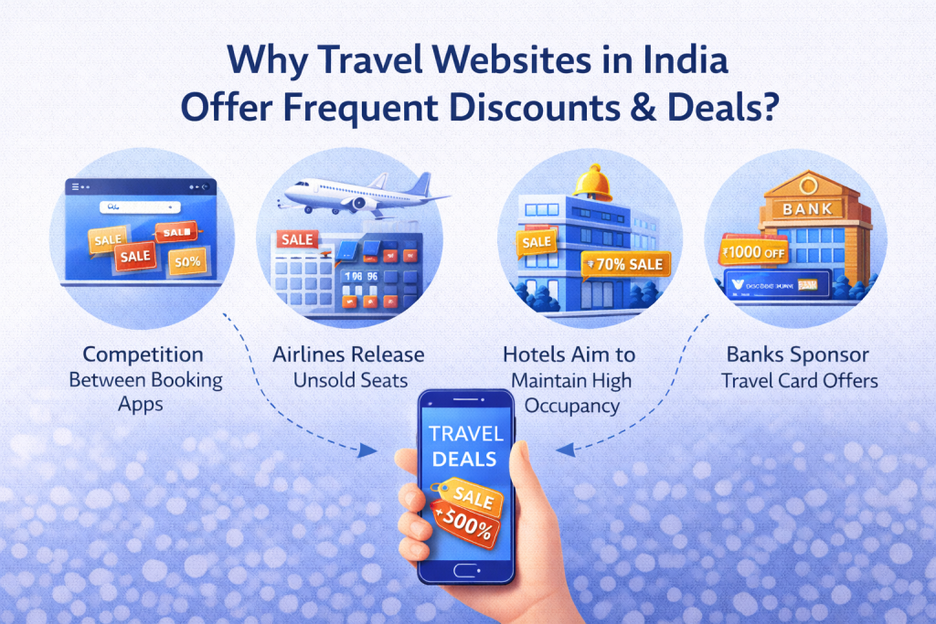 Illustration explaining why travel websites in India offer frequent discounts and deals