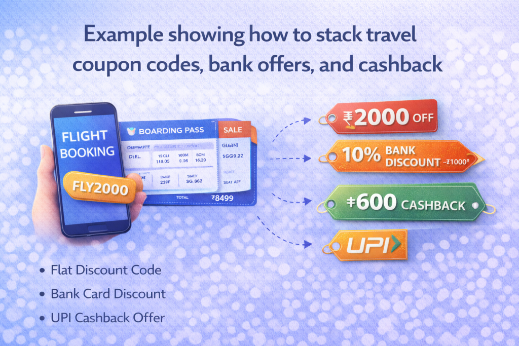 Example showing how to stack travel coupon codes, bank offers, and cashback