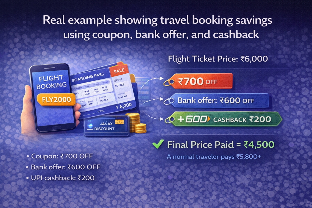 Real example showing travel booking savings using coupon, bank offer, and cashback