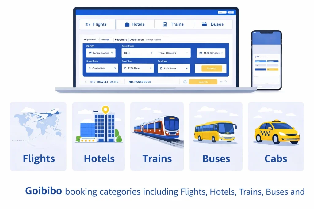 Goibibo booking categories including flights hotels trains buses and cabs