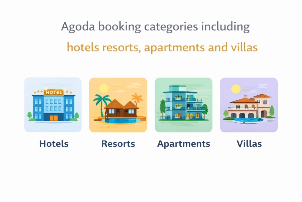 Agoda booking categories including hotels resorts apartments and villas